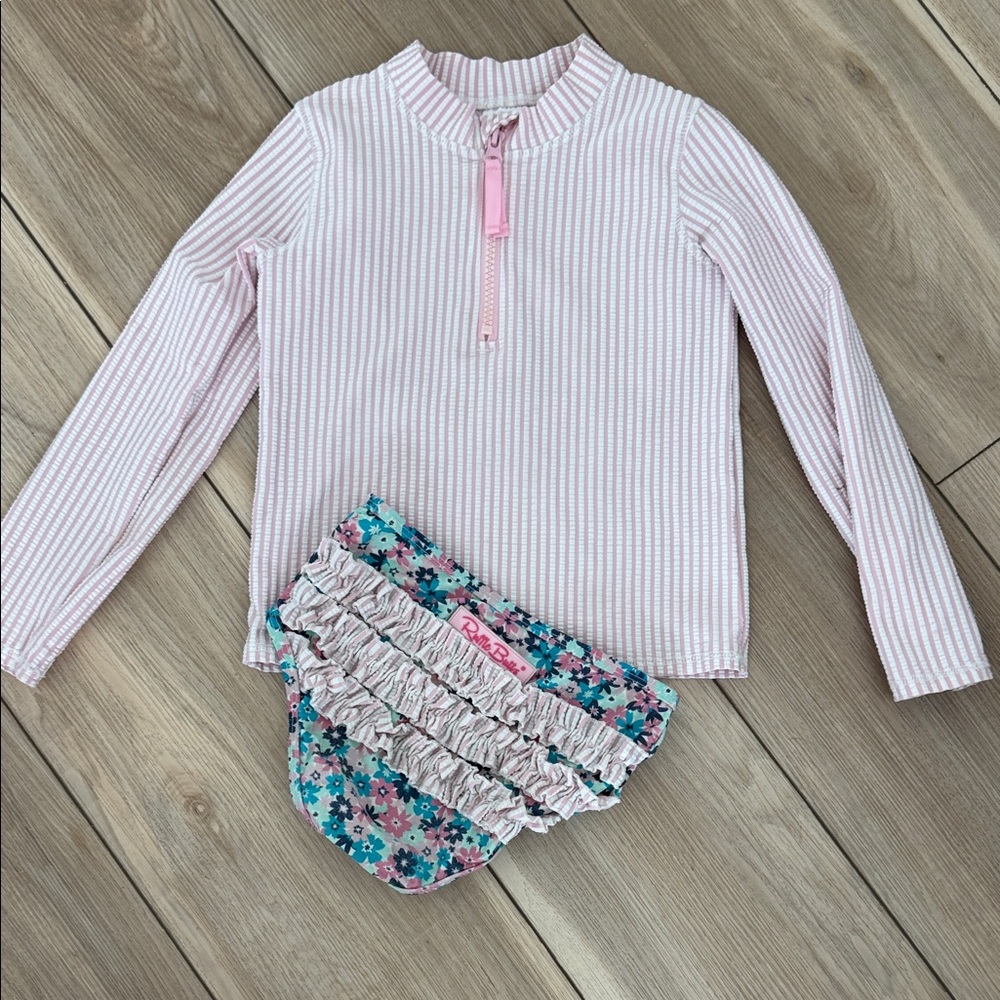 Ruffle Butt’s (5) Pink Striped Rash Guard Top and Floral Ruffle Swim Bottoms